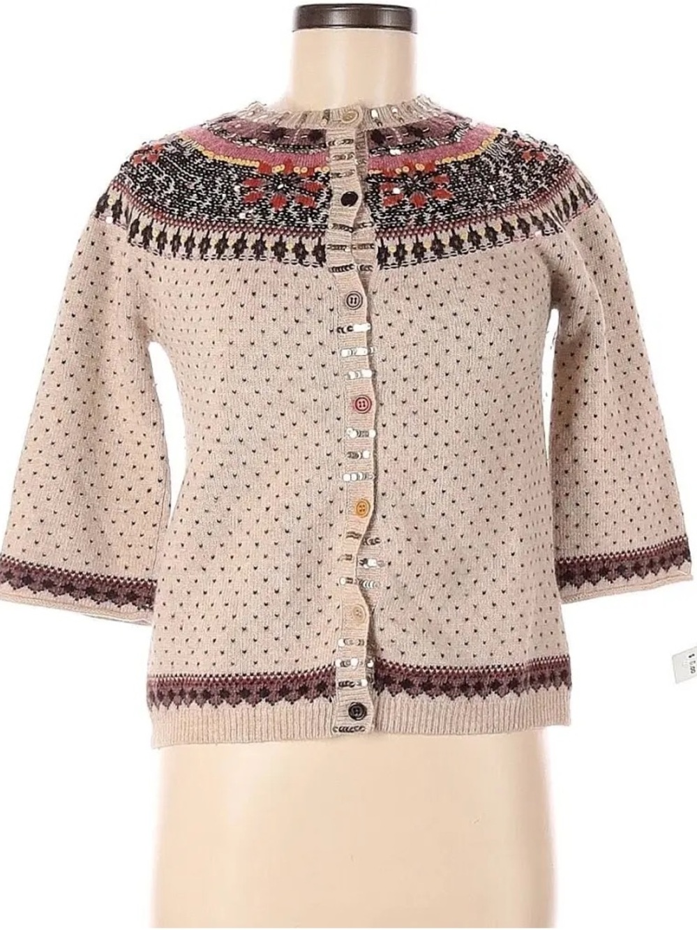 French Connection Womens Lambs Wool Sequin Fair Isle Cardigan Cream Colorful